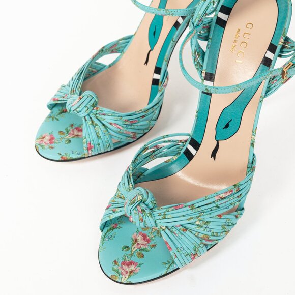 Gucci Allie Light-Blue Floral-Print Leather Knotted High-Heel Sandals - Picture 7 of 11